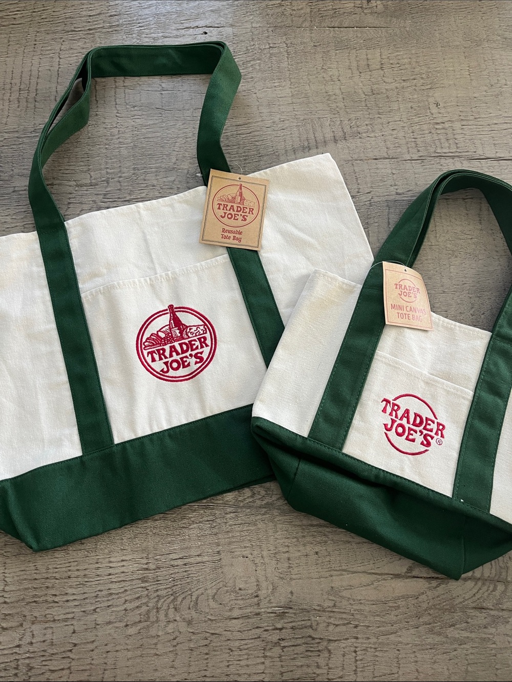 Trader Joe's Canvas Tote Bags - Cream & Forest Green